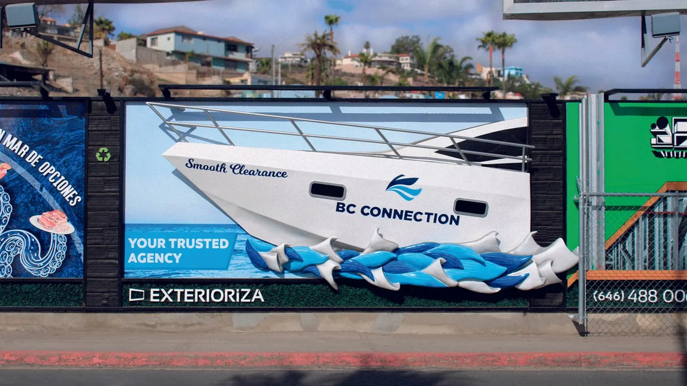 BC Connection: Yate 3D con delfines saliendo de la valla